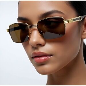 Gold Frame Sunglasses Brown Lens Wood Arms Women Rectangular Buffs Shades Classy